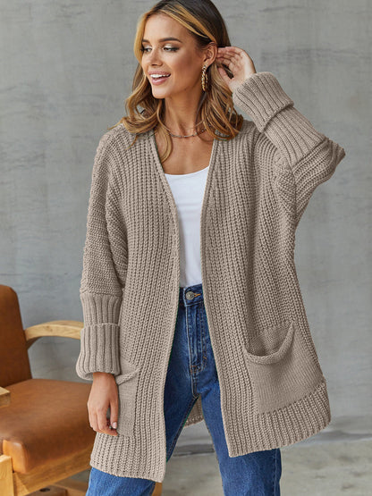 Damen Strickjacke Offen mit Taschen und Langen Ärmeln