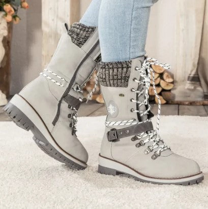 Knöchelhohe Strickstiefel Damen Schnürsenkel Reißverschluss