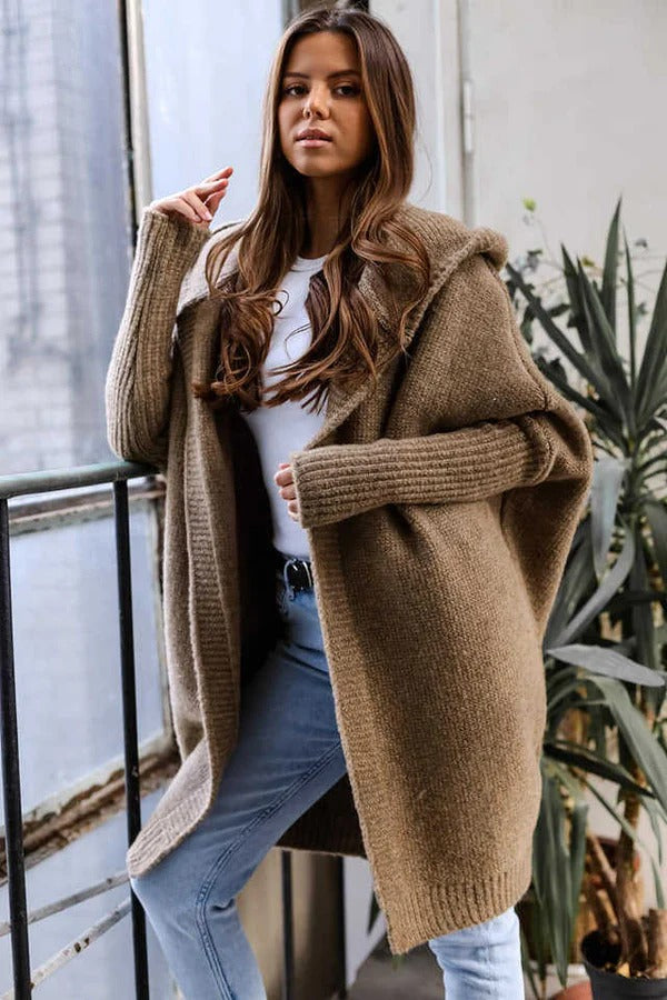 Damen Strickcardigan Oversized Kapuze Bequem