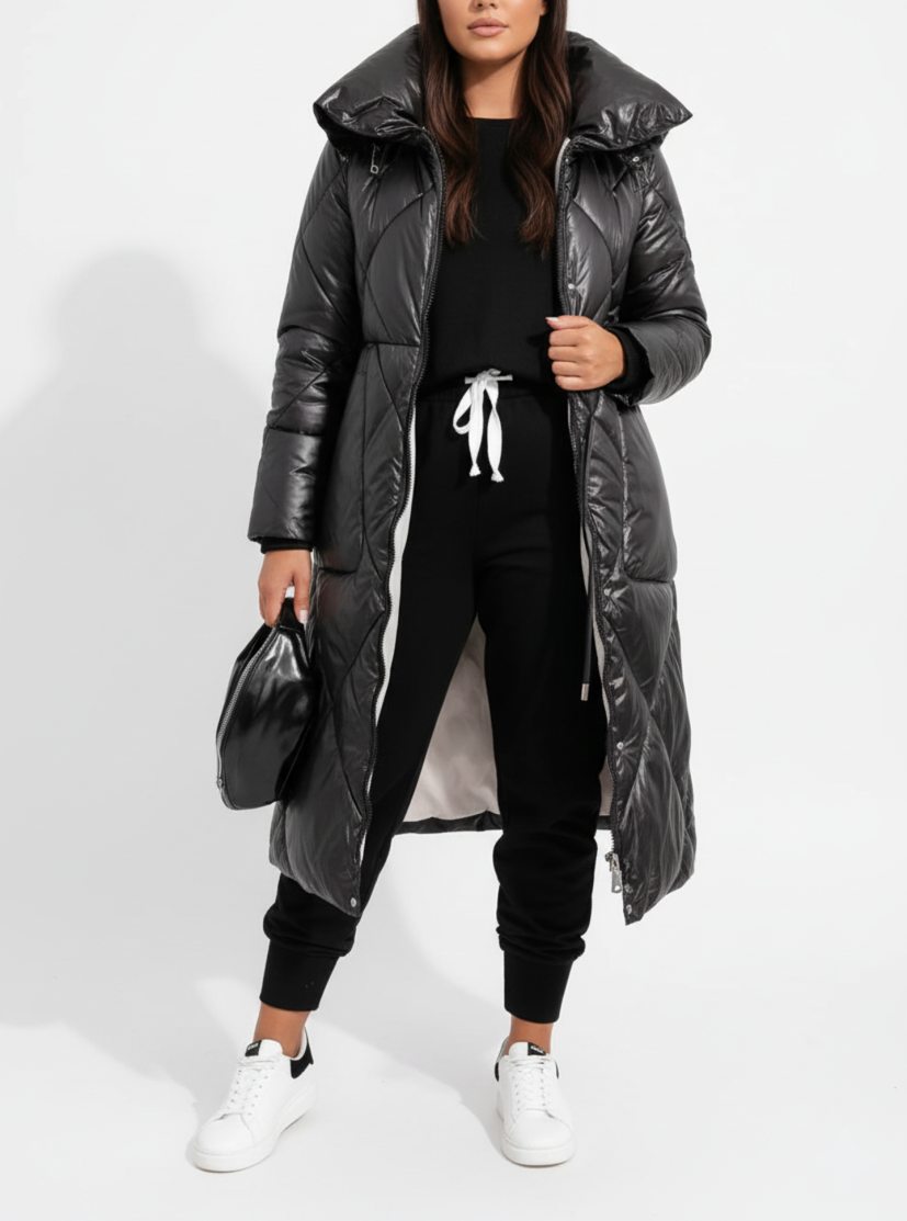 Damen Winterpufferjacke Lang Elegant Stehkragen