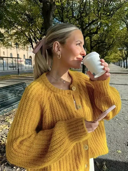 Damen Strickjacke Rundhalsausschnitt Knopfverschluss