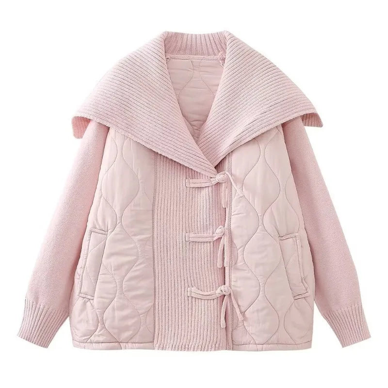 Damen Winterjacke Gefüttert Rippdetails Breiter Kragen