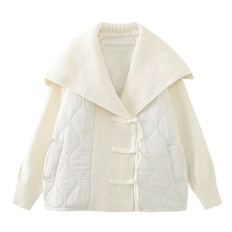 Damen Winterjacke Gefüttert Rippdetails Breiter Kragen