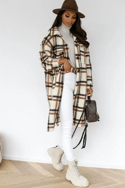 Langer Fleece-Mantel Karierter Stil