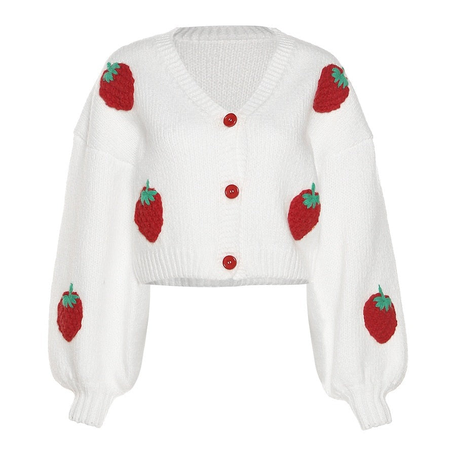 Frauen Cardigan Strickjacke Erdbeere Muster