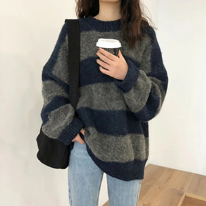 Damen Strickpullover Übergröße Gestreift Herbstmode