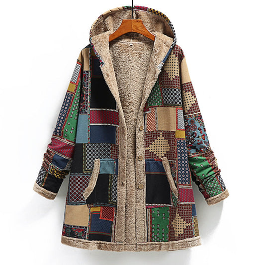 Kapuzenmantel Patchwork-Style Gefüttert mit Weichem Fleece - IdealeKleiden
