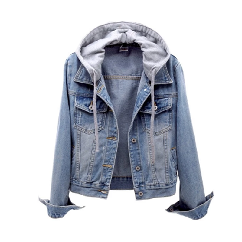 Frauen Denimjacke Herbst Chic Abnehmbarer Hoodie
