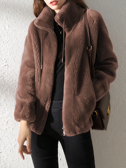 Weiche Fleecejacke Teddy Look - Hoher Kragen - Reißverschluss - IdealeKleiden