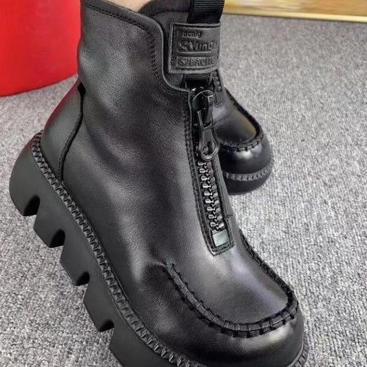 Damen Stiefel Retro Leder Kurz Warm - IdealeKleiden