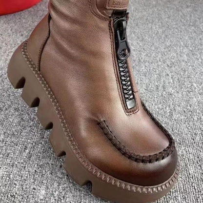 Damen Stiefel Retro Leder Kurz Warm