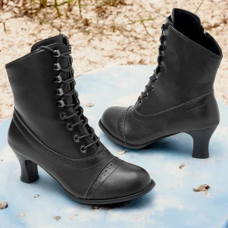 Damen Stiefel Viktorianisch Braune Mid Heel Schnürstiefel Elegance