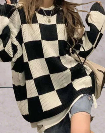 Damen Strickpullover Karo Muster Elegent