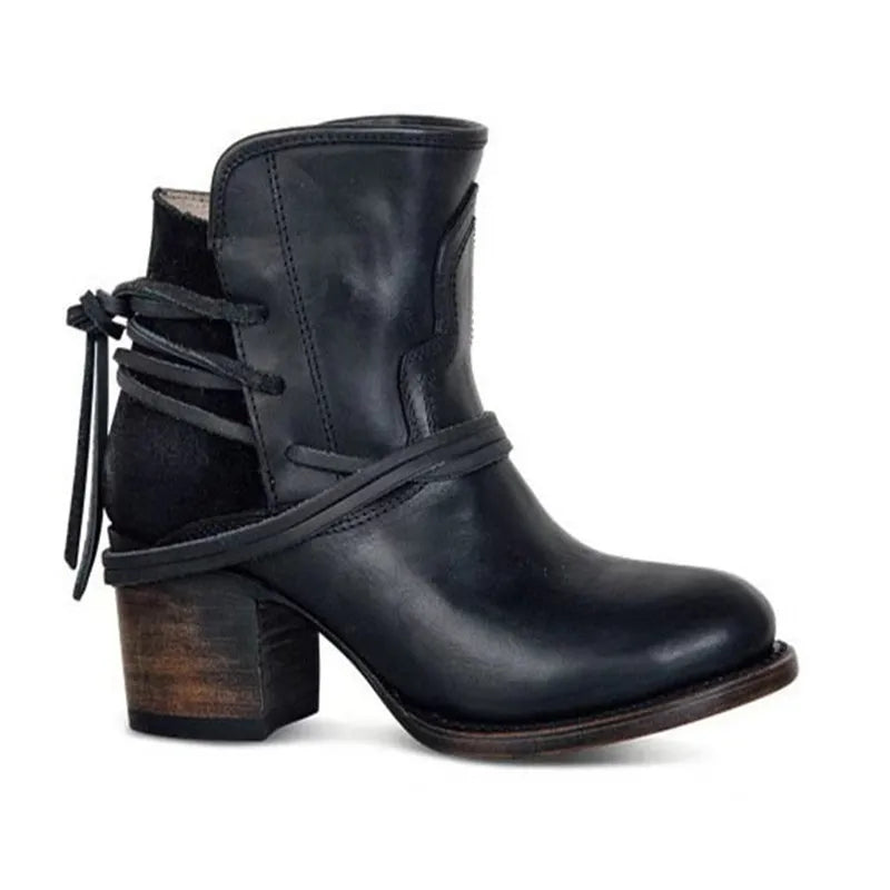 Western Stiefel Leder Braun Gealtert Blockabsatz Damen - IdealeKleiden