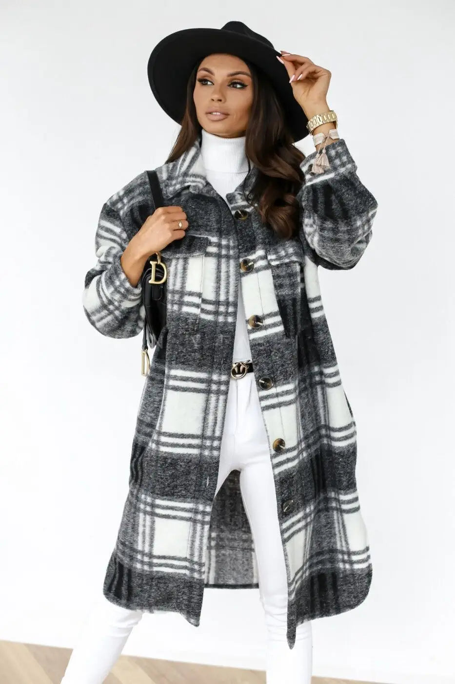Langer Fleece-Mantel Karierter Stil