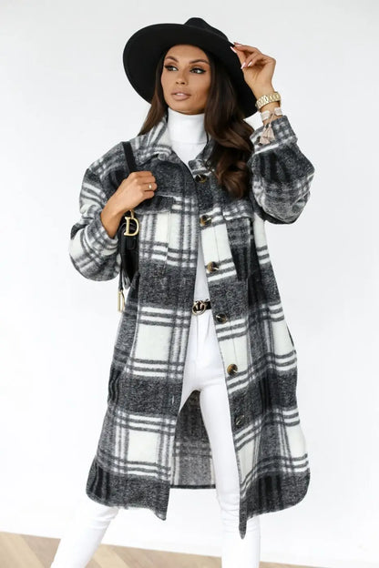 Langer Fleece-Mantel Karierter Stil