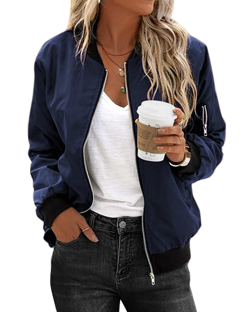 Moderne Damen Bomberjacke Mit Taschen Reißverschluss