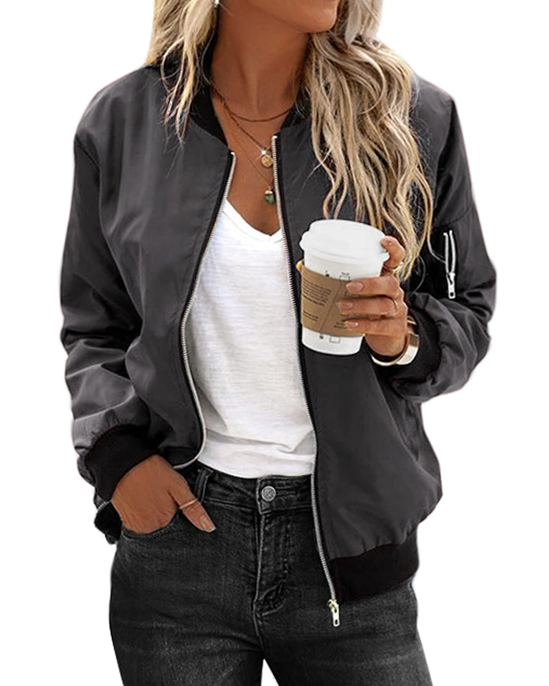 Moderne Damen Bomberjacke Mit Taschen Reißverschluss