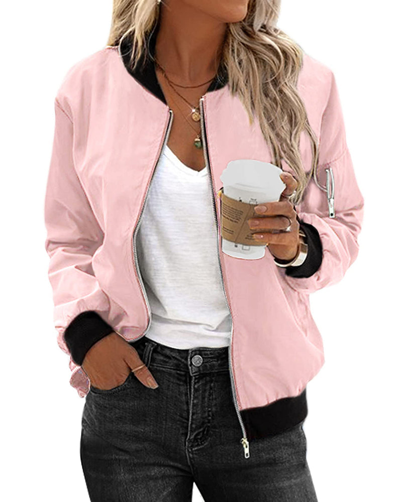 Moderne Damen Bomberjacke Mit Taschen Reißverschluss