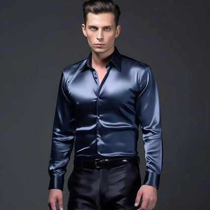 Herren Slim Fit Hemd Langarm Glänzend