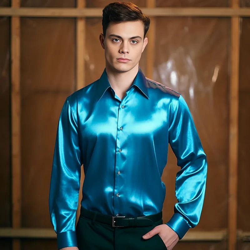 Herren Slim Fit Hemd Langarm Glänzend