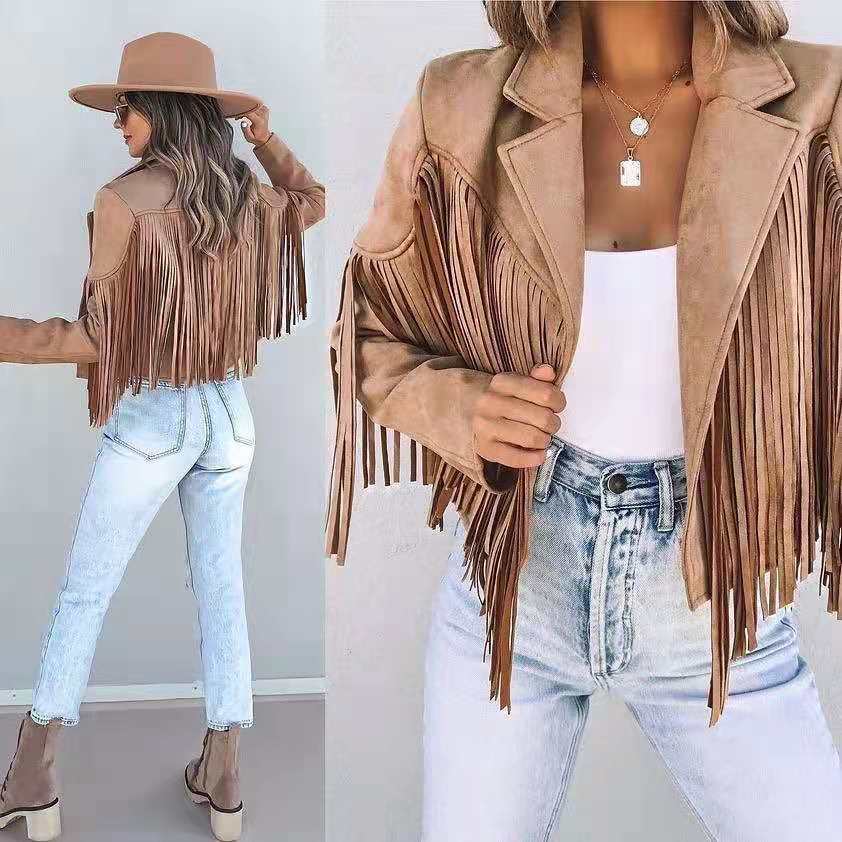 Stylische Fransenjacke Leder Look - IdealeKleiden