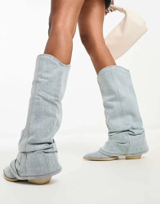 Damenschuhe Kniehohe Stiefel Jeansstyle - IdealeKleiden