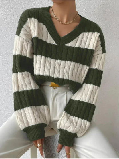 Stylischer Streifenpullover V-Ausschnitt Damen