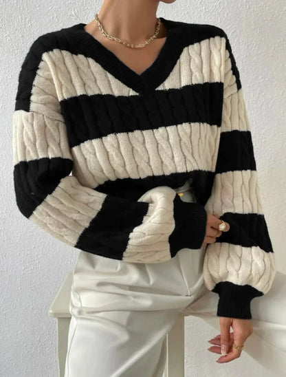 Stylischer Streifenpullover V-Ausschnitt Damen - IdealeKleiden