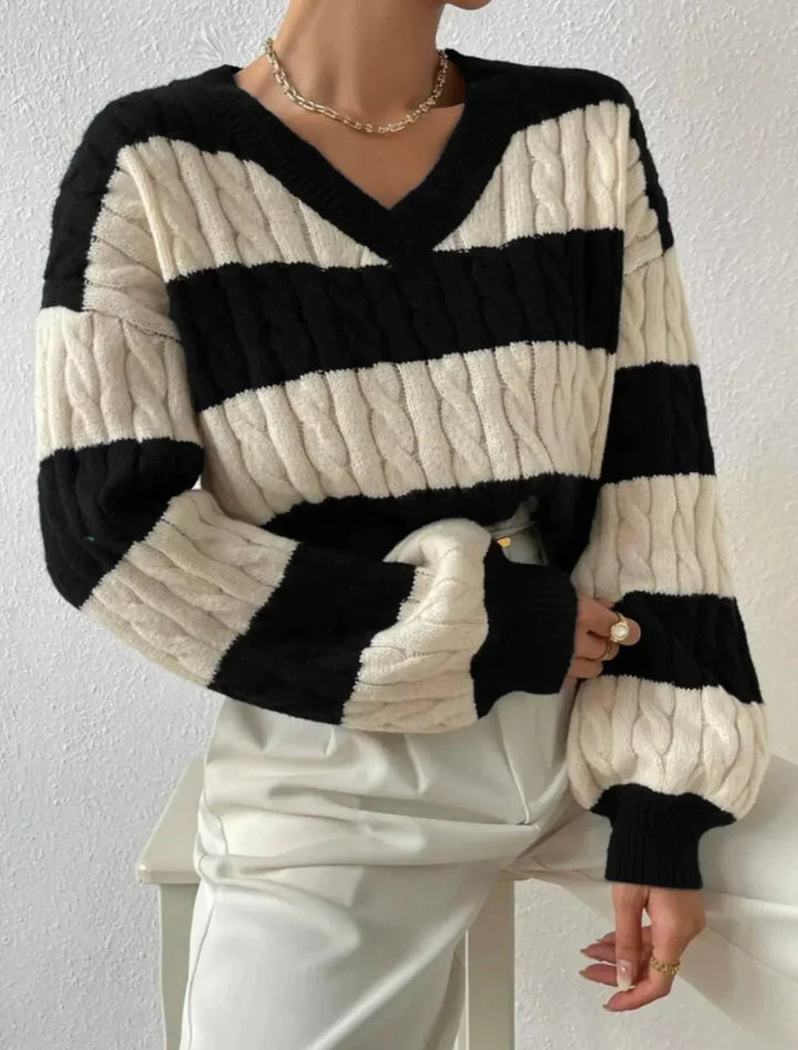 Stylischer Streifenpullover V-Ausschnitt Damen - IdealeKleiden
