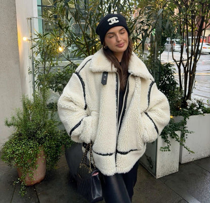 Übergroße Shearling-Jacke Weich Warm Reißverschluss