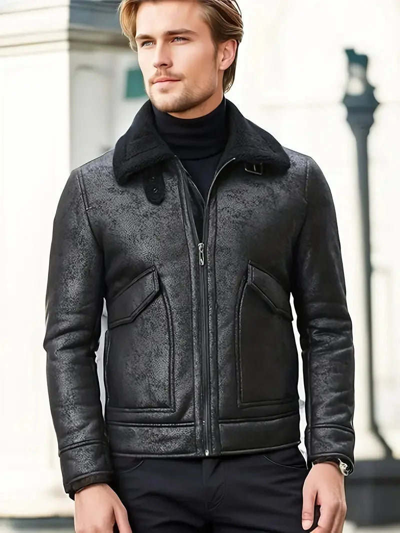 Herren Lederjacke Warm Fleece Gefüttert