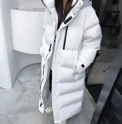 Lange Daunenjacke Beige Winterwarm und Elegant