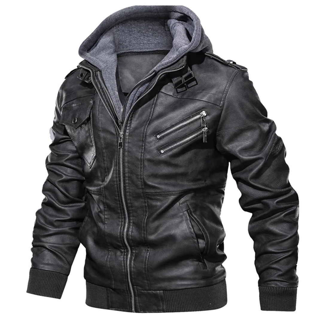 Herren Lederjacke Biker Style Doppellagige Kapuze