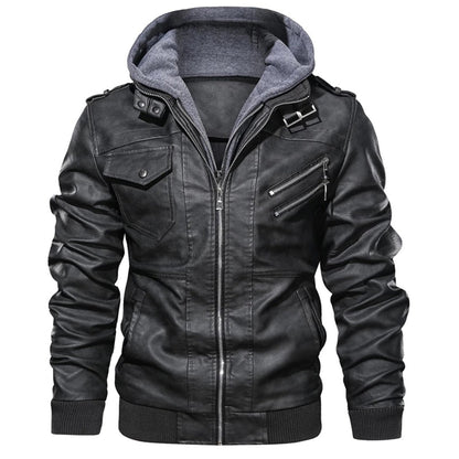 Herren Lederjacke Biker Stil Kapuze