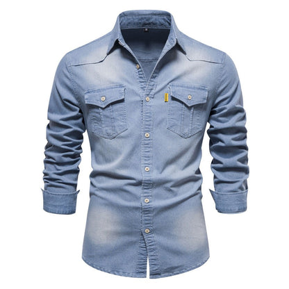 Slim Fit Herren Jeanshemd Langarm Knöpfe