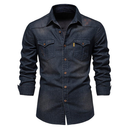 Slim Fit Herren Jeanshemd Langarm Knöpfe