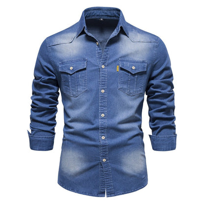 Slim Fit Herren Jeanshemd Langarm Knöpfe