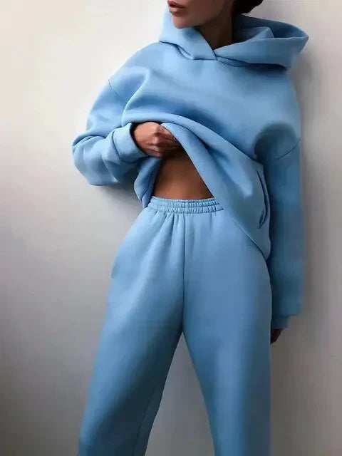Damen Sportset Blau Kapuzenpullover Jogginghose