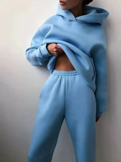 Damen Sportset Blau Kapuzenpullover Jogginghose