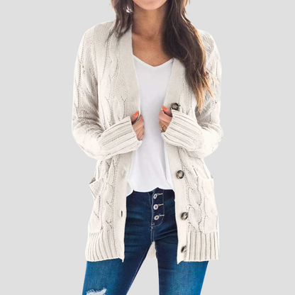Damen Cardigan Kabelstrick Warm mit Knöpfen und Taschen