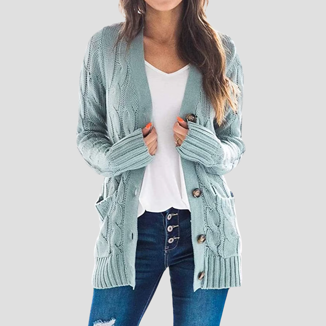 Damen Cardigan Kabelstrick Warm mit Knöpfen und Taschen