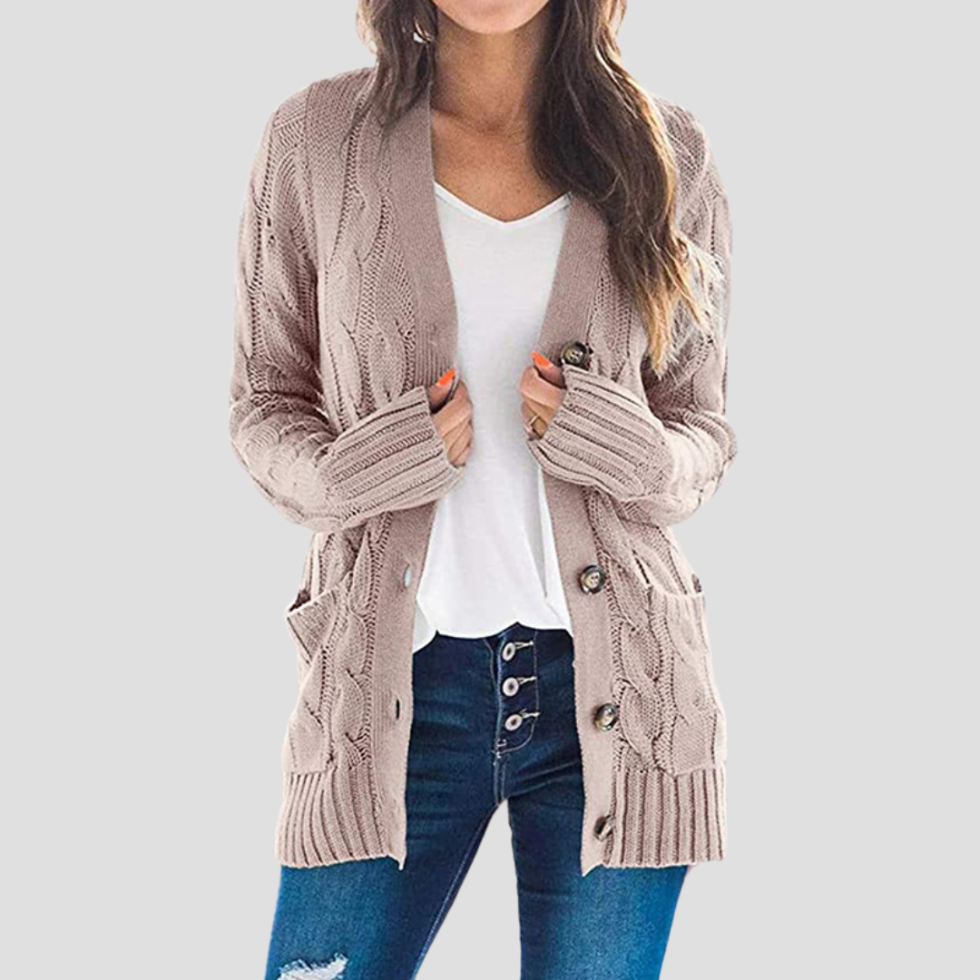 Damen Cardigan Kabelstrick Warm mit Knöpfen und Taschen