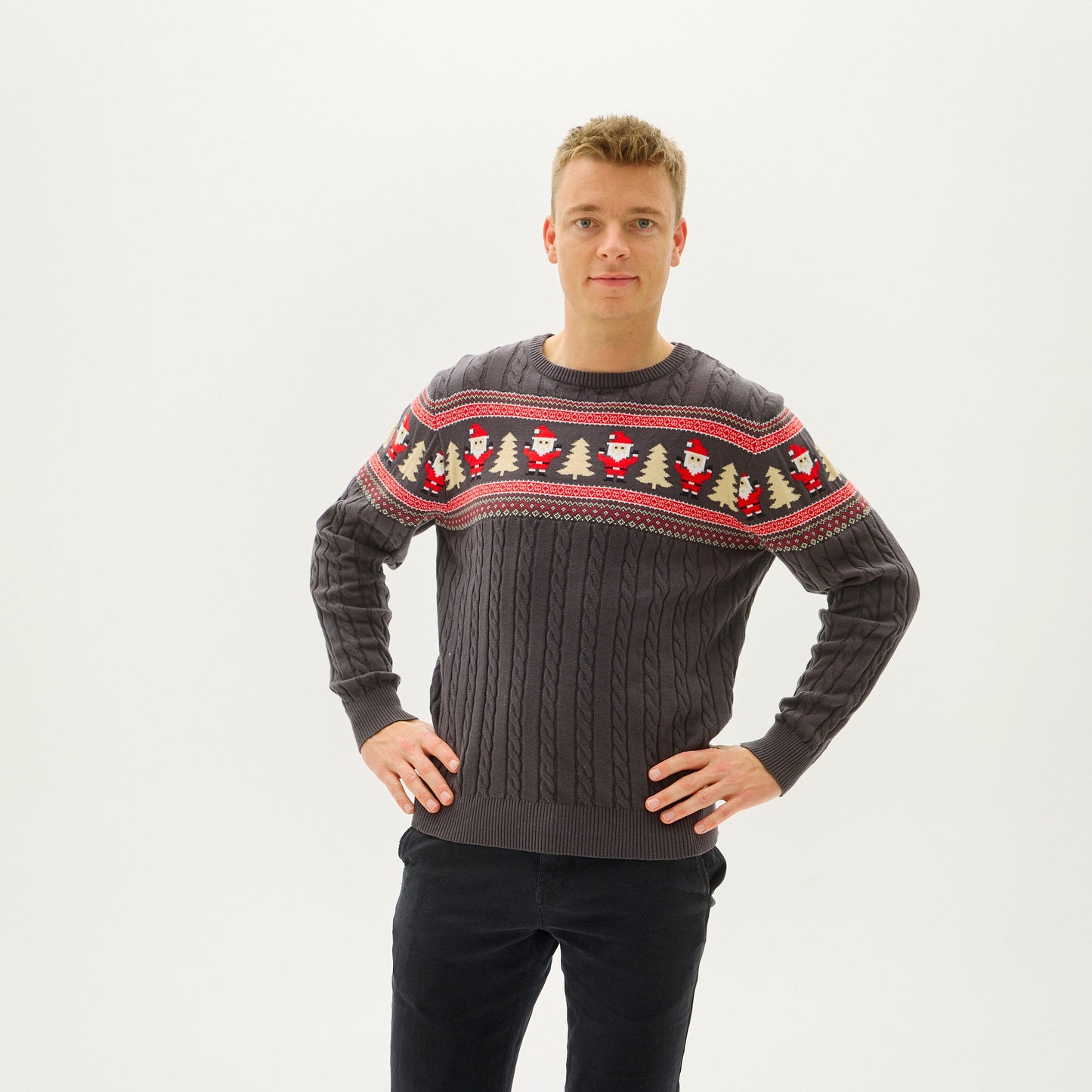 Weihnachtspullover Männer Rot Kabelstrick - IdealeKleiden