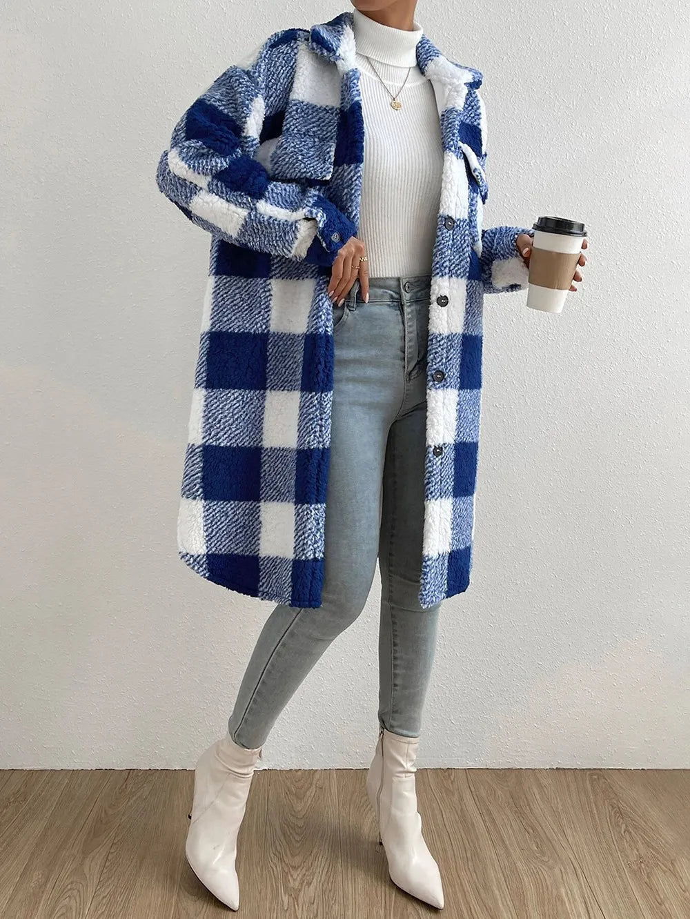 Weicher Damen Teddy Mantel Karo Muster Winter