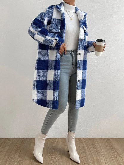 Weicher Damen Teddy Mantel Karo Muster Winter