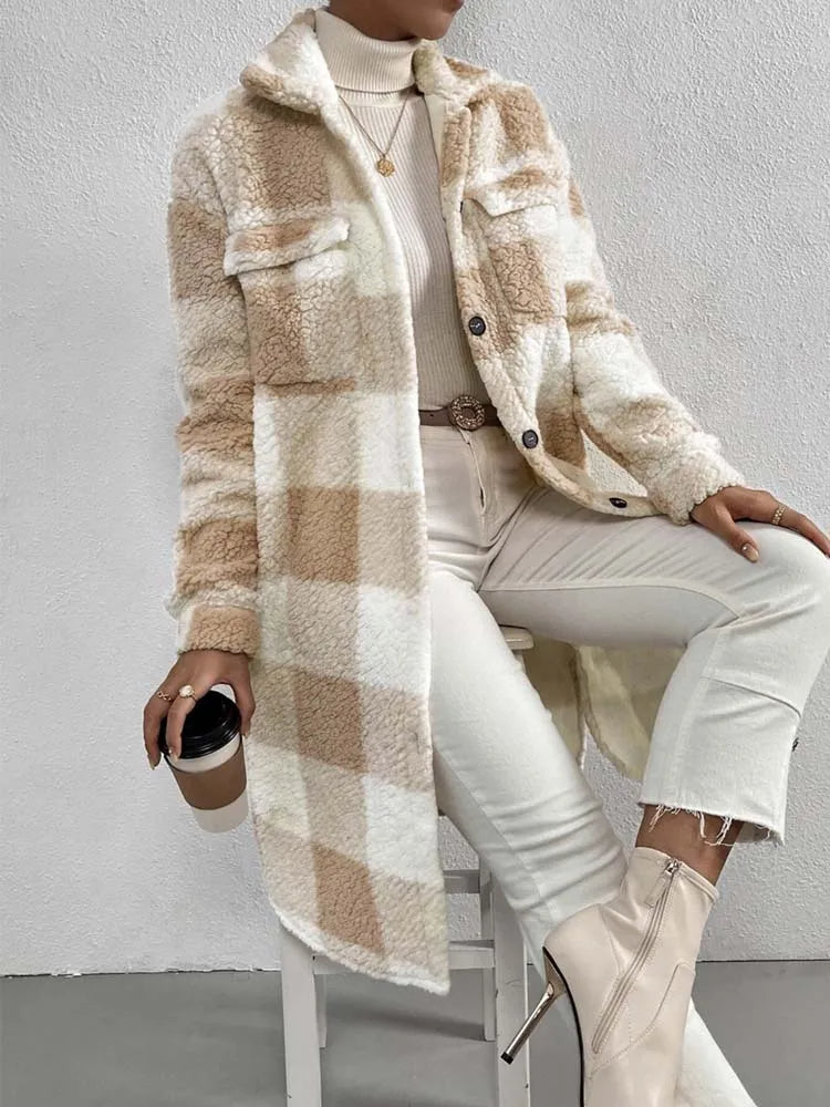 Weicher Damen Teddy Mantel Karo Muster Winter