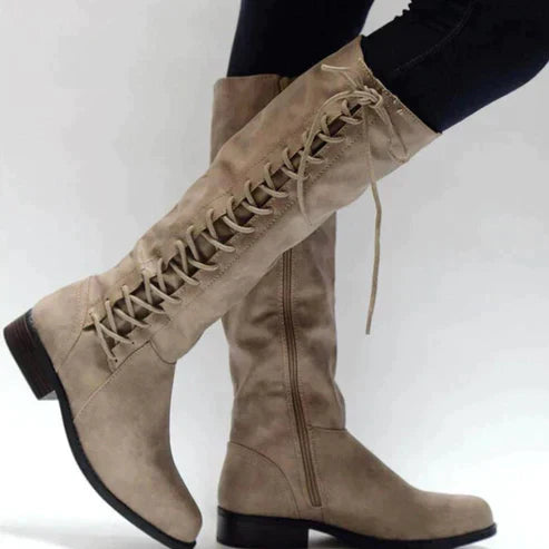 Knielange Stiefel Damen Schmal Schnüren Flach