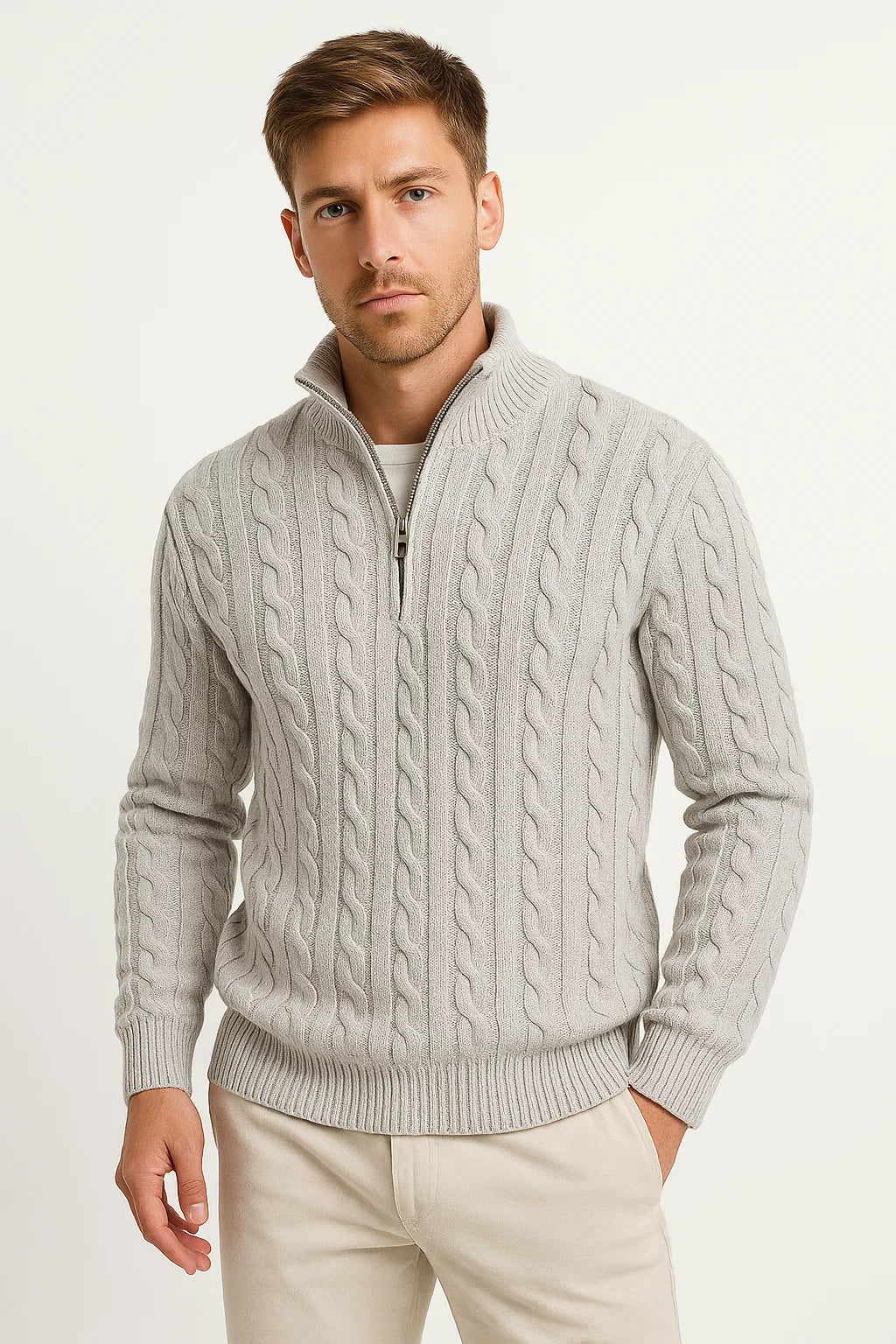 Herren Strickpullover Frühling Zopfmuster Reißverschluss