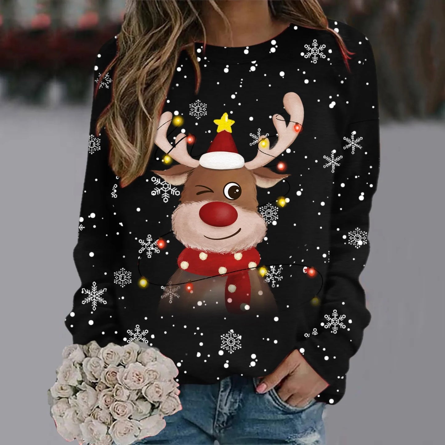 Weihnachtspullover Damen Weich 3D Rentier Design
